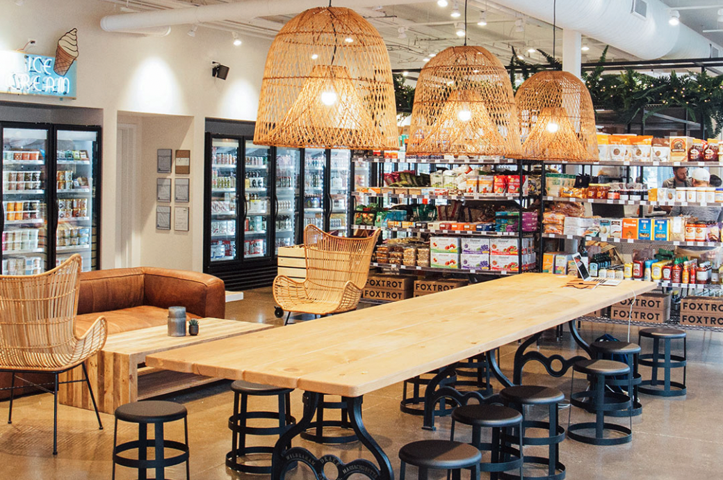 A Foxtrot store in Southport, North Carolina, featuring seating space